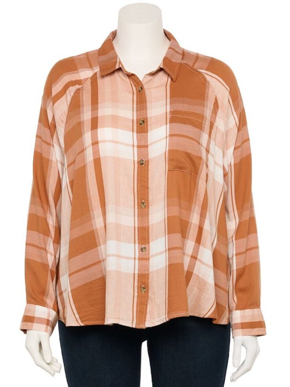 Junior's SO Plus Size Button Up Long Sleeve Shirt - Cinnamon Rose Plaid - 3X -